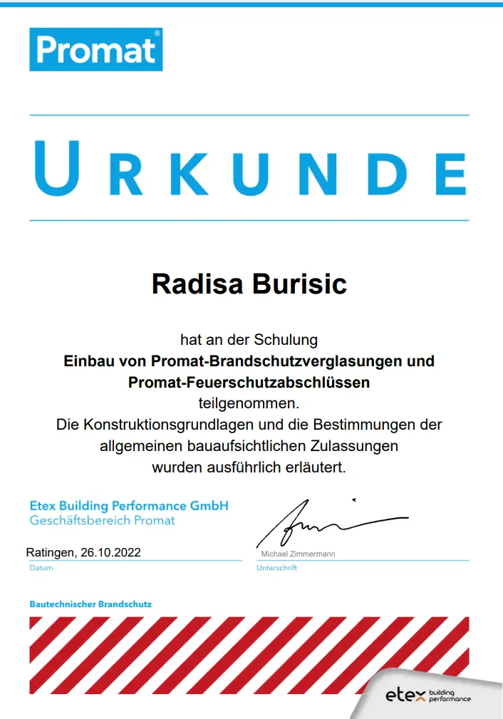 Feuerschutzverglasung Zertifikat APlus Innenausbau München
